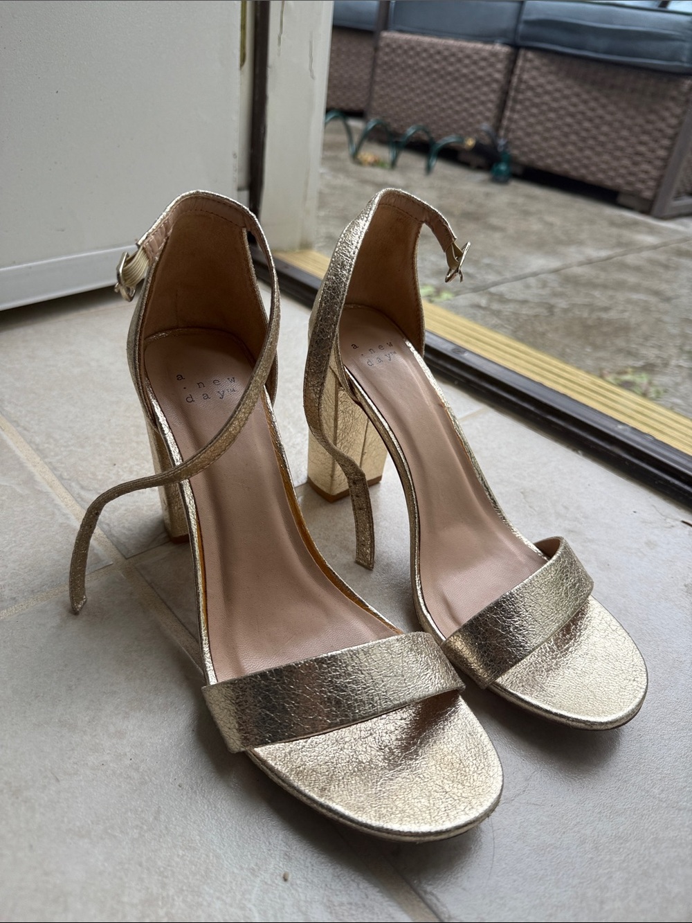 a new day Gold Metallic Block Heel Ankle Strap Sandals